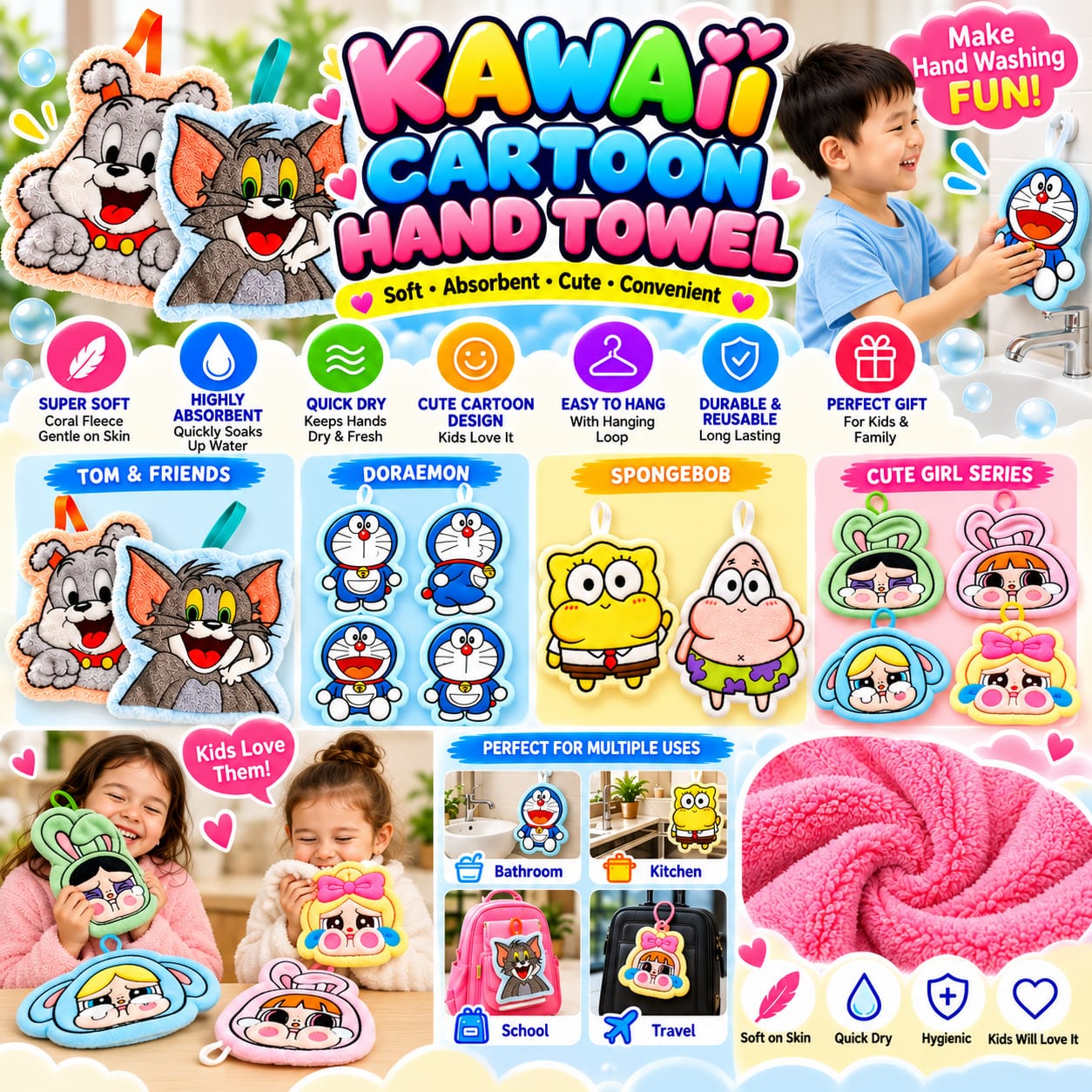 CUTE KAWAII CARTOON HAND TOWEL PACK OF 3 PCS